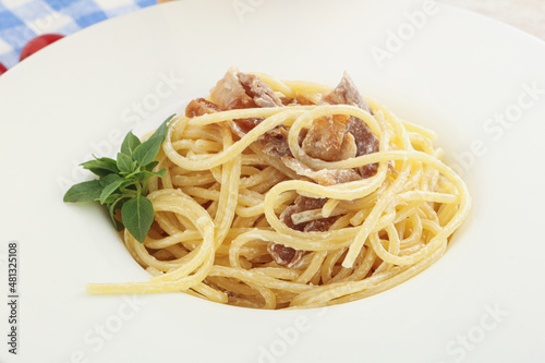 Spaghetti carbonara pasta with bacon