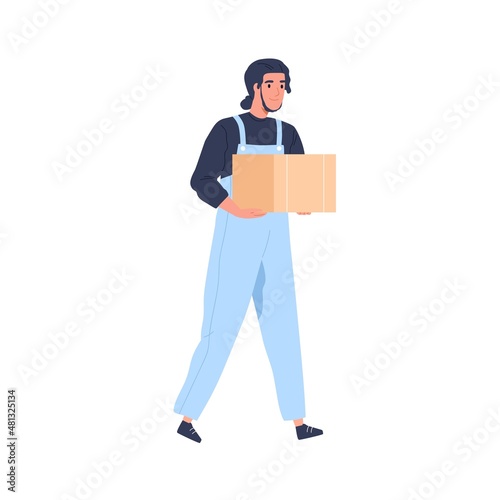 Man courier carrying carton box. Loader going, holding cardboard. Mover in uniform from delivery and relocation service. Flat vector illustration of person worker isolated on white background