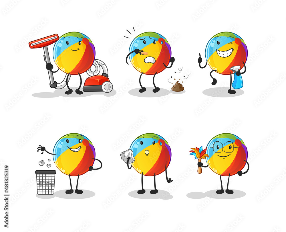 beach ball cleaning group character. cartoon mascot vector