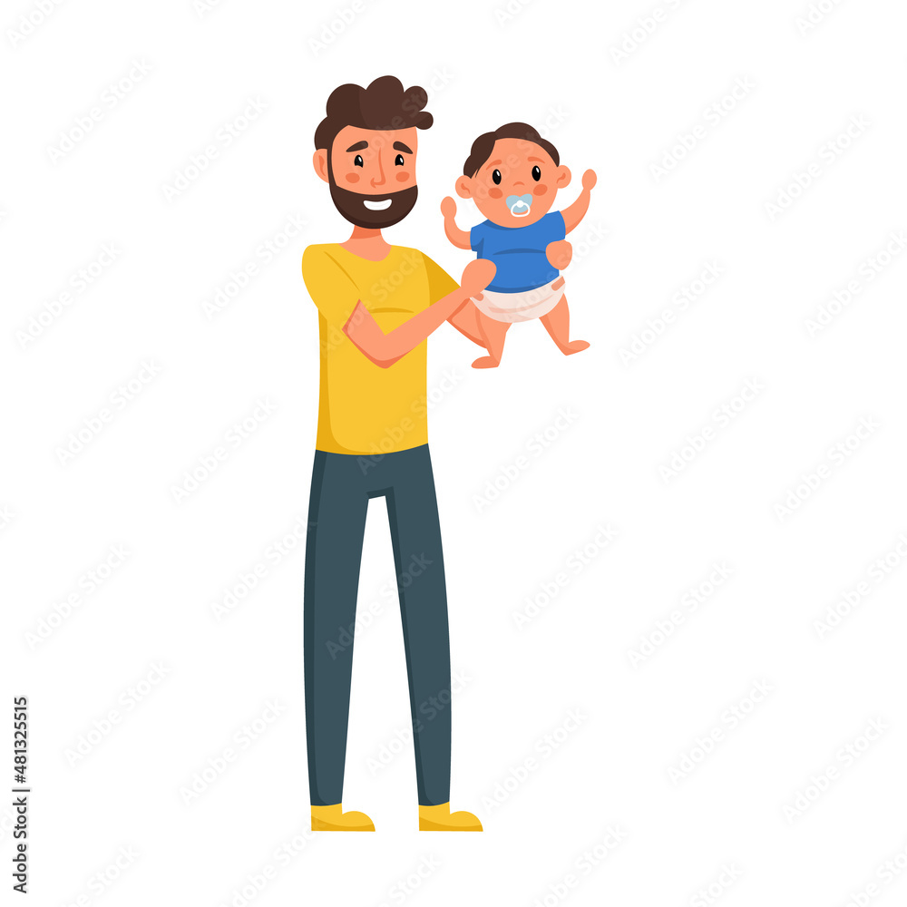 Father holding little son on his hands, isolated on white background. Vector illustration.