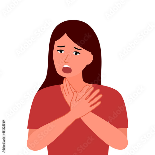 Woman having difficult breathing in flat design on white background. Lung problem.