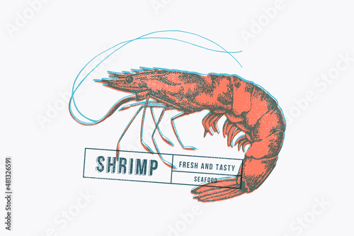 Red king prawn with stamp effect. Sea animal on a light background. Design element for shop, market, packaging, labels, and logo. Vector illustration.