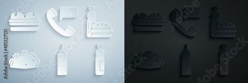 Set Sauce bottle, Bottle of water and burger, Taco with tortilla, Food ordering pizza and Sandwich icon. Vector