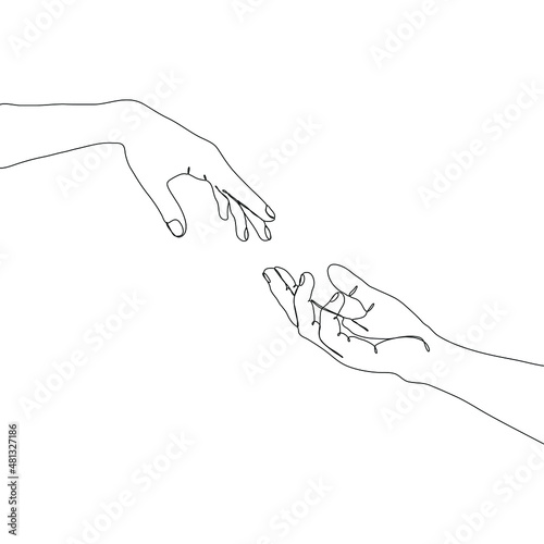 Two hands reach out to each other. One continuous single line. Vector illustration