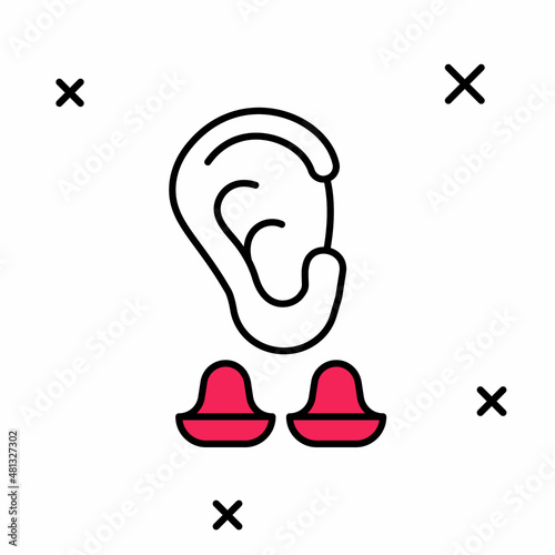 Filled outline Earplugs and ear icon isolated on white background. Ear plug sign. Noise symbol. Sleeping quality concept. Vector