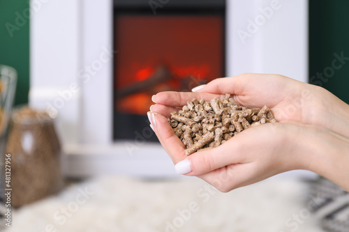 Woman with wood pellets in living room, closeup photo