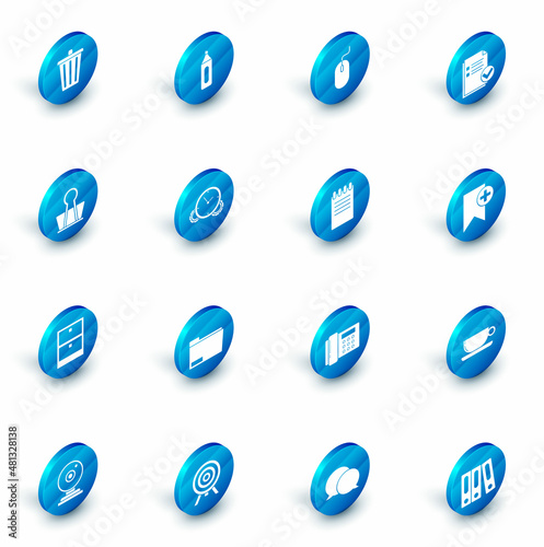 Set Marker pen, Computer mouse, Document and check mark, Binder clip, Archive papers drawer, Time Management, Bookmark and Notebook icon. Vector