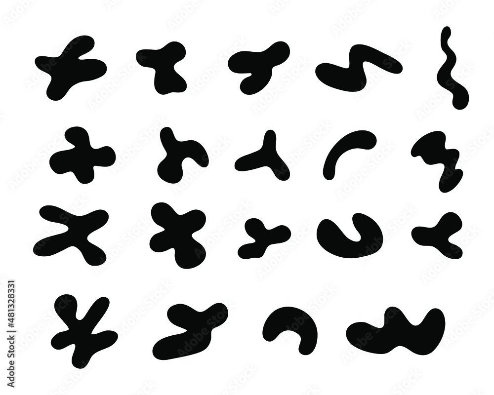 Organic random spot. Organic irregular shapes, black blobs. Abstract pebble silhouettes, blotch and inkblot. Simple liquid splodge elements water forms. Stock vector minimal bubble.