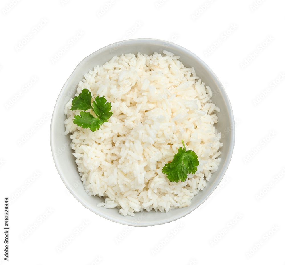 Bowl with tasty boiled rice on white background Bowl with tasty boiled rice on white background