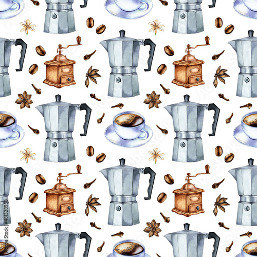 Watercolor illustration pattern of a metal coffee pot, coffee grinder and cup. Seamless repeating print preparing hot drinks. Geyser coffee maker. Morning breakfast isolated on white background. Drawn