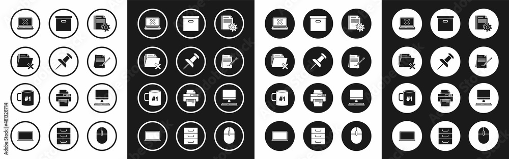 Set Document settings with gears, Delete folder, Laptop and cross mark on screen, Blank notebook pencil eraser, Carton cardboard box, Computer monitor keyboard and Coffee cup flat icon. Vector Set Document settings with gears, Delete folder, Laptop and cross mark on screen, Blank notebook pencil eraser, Carton cardboard box, Computer monitor keyboard and Coffee cup flat icon. Vector
