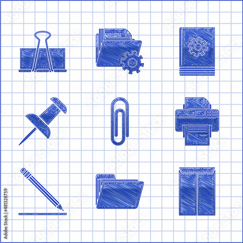 Set Paper clip, Document folder, Envelope, Printer, Pencil with eraser and line, Push pin, User manual and Binder icon. Vector
