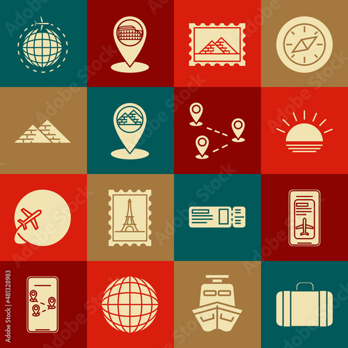 Set Suitcase for travel, Smartphone with electronic boarding pass airline ticket, Sunset, Postal stamp and Egypt pyramids, Map pointer, Globe flying plane and Route location icon. Vector