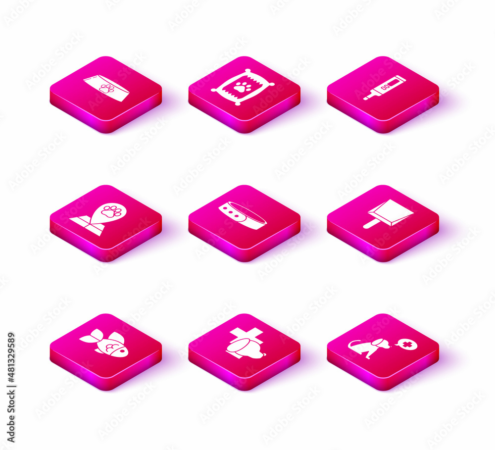 Set Fish, Veterinary clinic symbol, Map pointer with veterinary medicine hospital, Collar name tag, Dustpan, Medical digital thermometer and Bag of food for dog icon. Vector Set Fish, Veterinary clinic symbol, Map pointer with veterinary medicine hospital, Collar name tag, Dustpan, Medical digital thermometer and Bag of food for dog icon. Vector