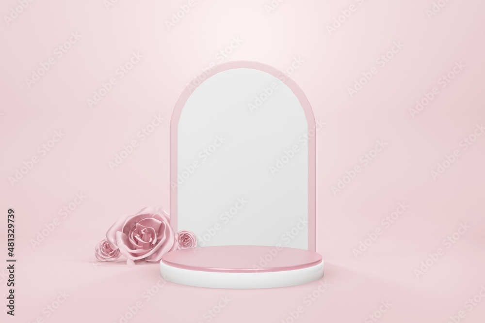 Valentine's day, rose pink gold of round podium or pedestal with pink empty studio room, product background, mockup for love concept display. 3D render