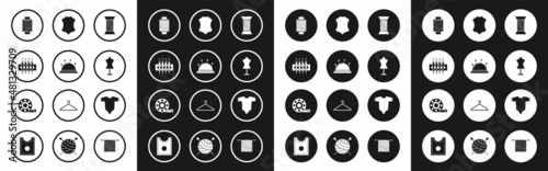 Set Sewing thread on spool, Needle bed and needles, for sewing, Mannequin, Leather, Baby clothes and Tape measure icon. Vector