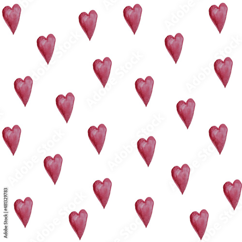 Seamless pattern with pink watercolor heart on white background. Hand drawn romantic wrapping paper, wallpaper textile design