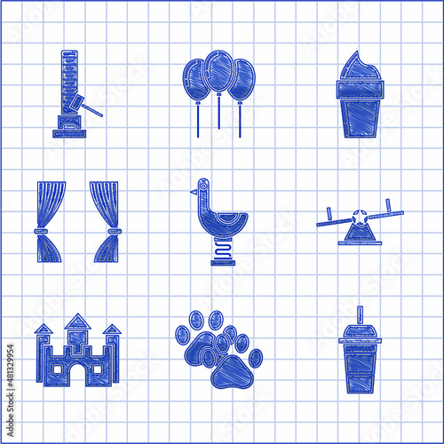 Set Riding kid duck, Paw print, Paper glass with drinking straw and water, Seesaw, Castle, Curtain, Ice cream waffle cone and High striker attraction big hammer icon. Vector