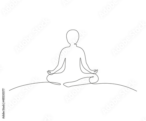 Person sitting in lotus pose yoga meditation, line art. Continuous black one line drawing. Silhouette woman in position lotus for keep calm, relax, recovery energy. Vector illustration