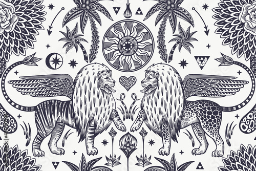 Lions with wings, sun, palm trees, arrows. Fantasy animals in the garden seamless pattern.