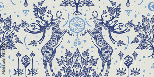 Seamless pattern. Deer with sprouted antlers in a fantasy garden.