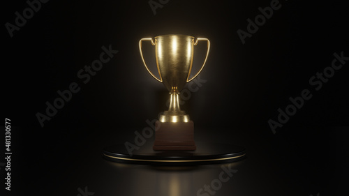 gold cup with black background, isolated gold cup, 3D rendering, shiny 