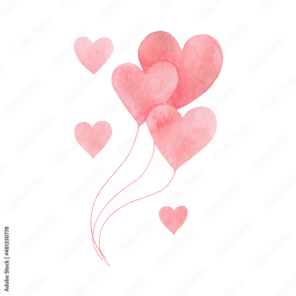 watercolor illustration of love and valentine's day with pink balloon hearts 
