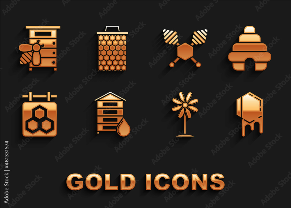 Set Hive for bees, Honeycomb, Flower, Hanging sign with honeycomb, dipper stick, and icon. Vector Set Hive for bees, Honeycomb, Flower, Hanging sign with honeycomb, dipper stick, and icon. Vector
