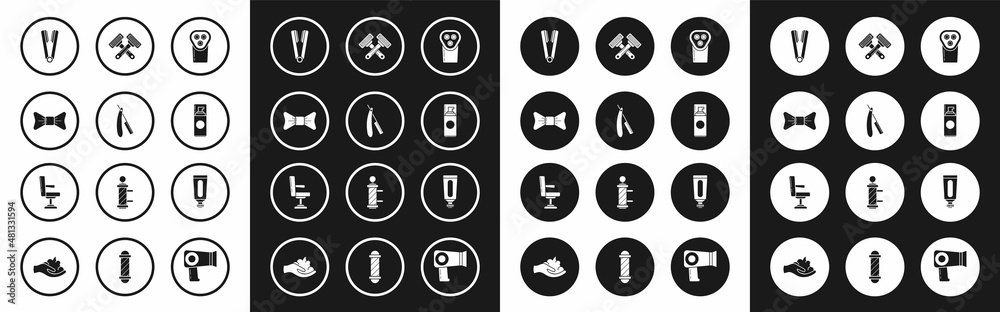 Set Electrical hair clipper or shaver, Straight razor, Bow tie, Curling iron for, Shaving gel foam, Crossed shaving, Cream lotion cosmetic tube and Barbershop chair icon. Vector