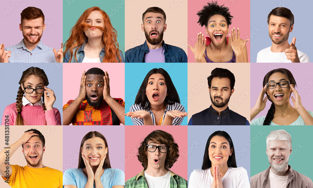 Collage of diverse people expressing different emotions on colorful backgrounds Collage of diverse people expressing different emotions on colorful backgrounds