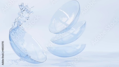 3d animation, contact lenses for eye care in water splash, liquid solution for cleaning blue clear soft lens. Medical equipment for optical vision correction on aqua surface, mockup for package design