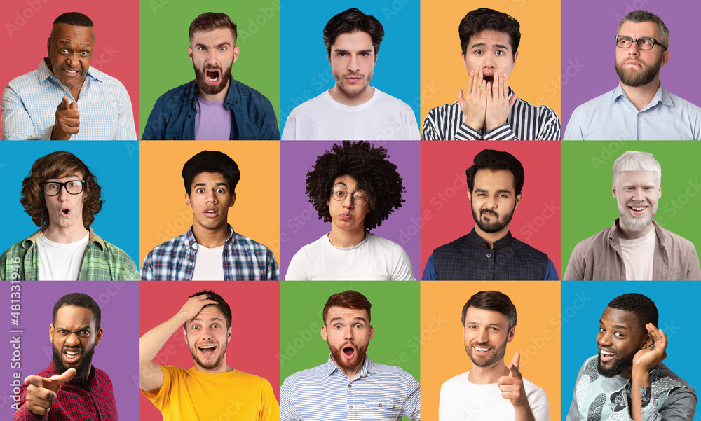 Multiple collage of diverse males expressing different emotions Multiple collage of diverse males expressing different emotions