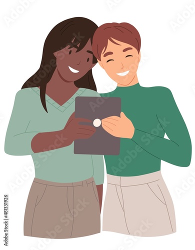 Happy couple of women holding tablet to take selfie photo illustration. Cartoon cute adult two girls standing together for love portrait, girlfriends posing for camera isolated on white background 