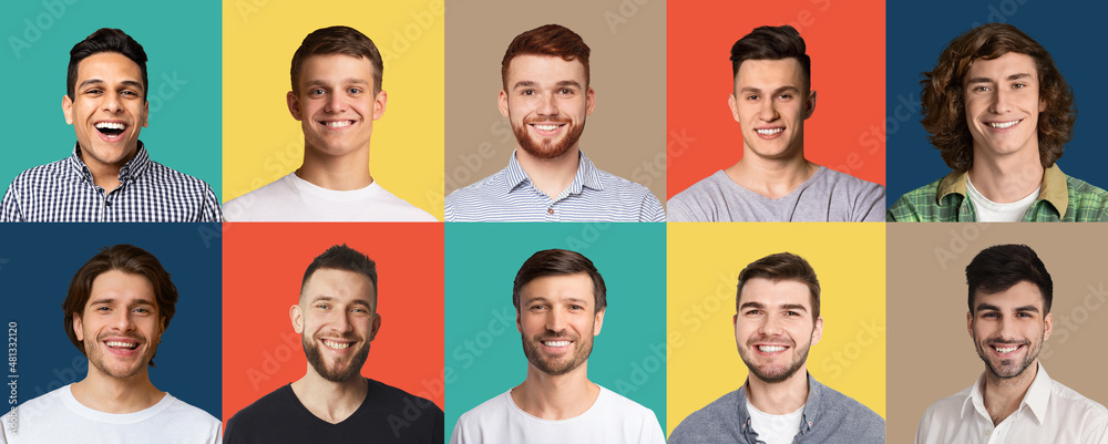 Happy male faces over colorful studio backgrounds, collection of photos Happy male faces over colorful studio backgrounds, collection of photos