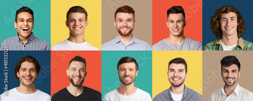 Happy male faces over colorful studio backgrounds, collection of photos © Prostock-studio