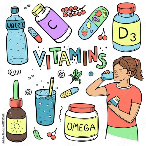 Vector color drawing of vitamins and supplements. Amino acids. Water, oxygen cocktail. The girl is taking pills. Right way of life. doodle. hand drawing