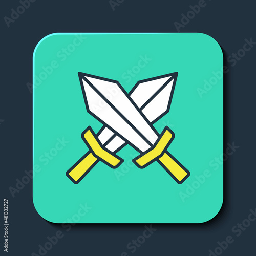 Filled outline Sword for game icon isolated on blue background. Turquoise square button. Vector