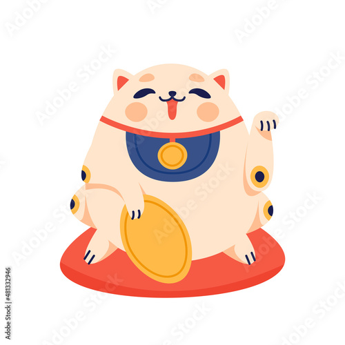 Maneki neko flat cartoon illustration. Japanese folklore symbol banner design. Asian culture  lucky cat  smiling kitty with gold coin printing card.