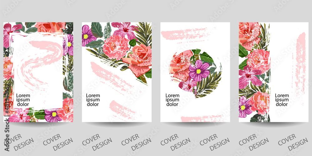 Set of floral print backgrounds for wall decor, posters, book covers, social media design, invitations, cards. Modern art templates with cute pink flowers and grunge texture.