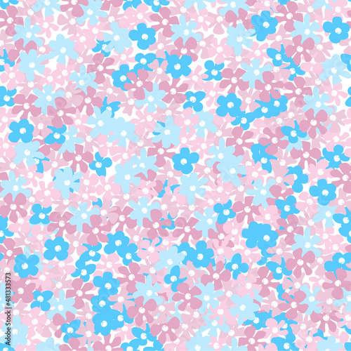 Hand-drawn seamless pattern with floral print. Simple blue and pink flowers on white background. Vector pattern for printing on fabric, gift wrapping, covers, wallpapers.