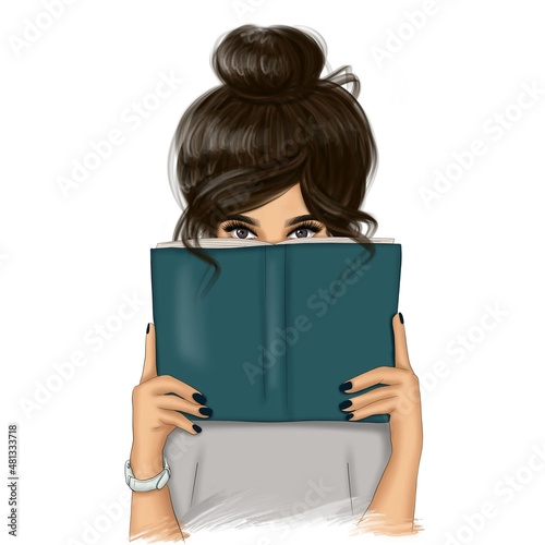 Brunette Woman With Book Isolated Hand Drawn Illustration	