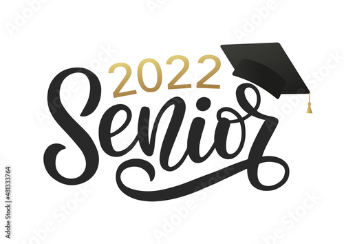 Senior 2022 typography logo. Hand sketched lettering for greeting cards, invitations. Graduation design for congratulation event.