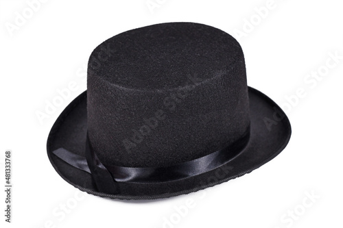 Single black felt top hat on white background