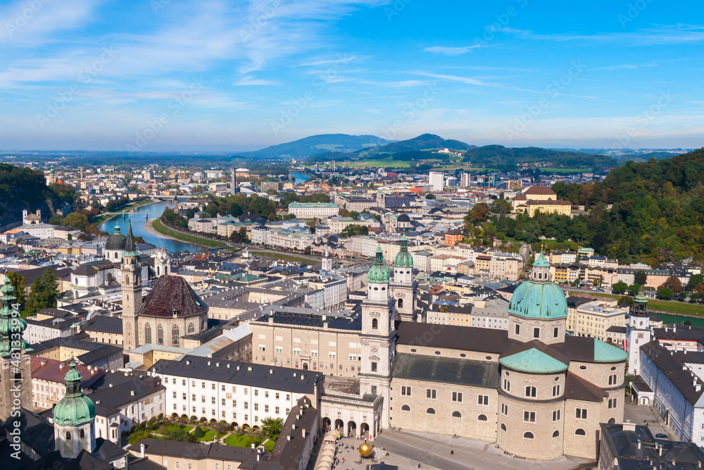 Beautiful Salzburg city Austria, top view from Hohensalzburg castle, world heritage town with blue sky background.