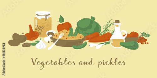 Vegetables and pickles. Dishes and products of Russian cuisine. Lenten food. Vector image.
