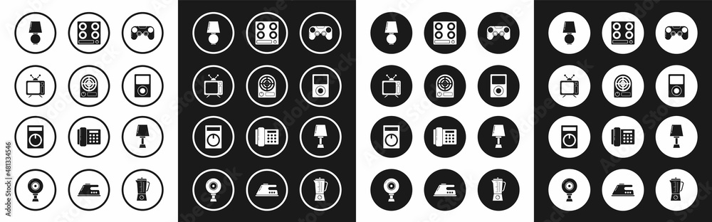 Set Gamepad, Electric heater, Television, Table lamp, Music player, Gas stove, and Remote control icon. Vector Set Gamepad, Electric heater, Television, Table lamp, Music player, Gas stove, and Remote control icon. Vector