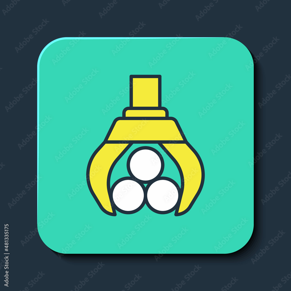Filled outline Grapple crane grabbed a log icon isolated on blue background. Forest industry. Industrial crane for lumber trunk wood production. Turquoise square button. Vector Filled outline Grapple crane grabbed a log icon isolated on blue background. Forest industry. Industrial crane for lumber trunk wood production. Turquoise square button. Vector