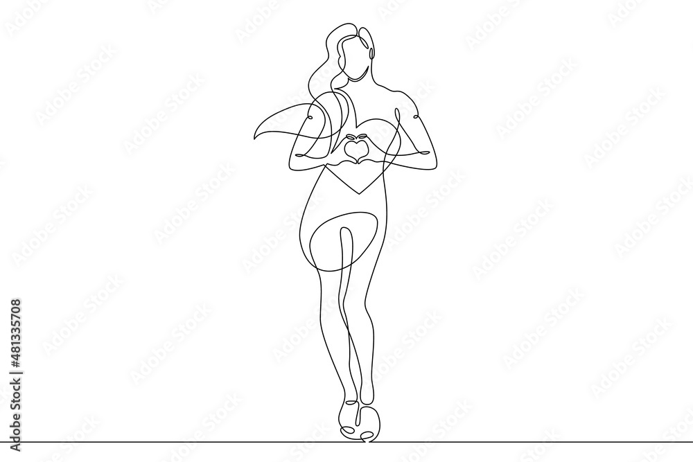 One continuous line.Beautiful woman holding a heart in her hands.Valentine's Day. Girl with a heart symbol of love. Continuous line drawing.Lineart isolated white background.