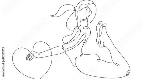 One continuous line.Beautiful woman holding a heart in her hands.Valentine's Day. Girl with a heart symbol of love. Continuous line drawing.Lineart isolated white background.
