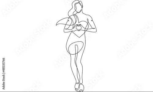 One continuous line.Beautiful woman holding a heart in her hands.Valentine's Day. Girl with a heart symbol of love. Continuous line drawing.Lineart isolated white background.